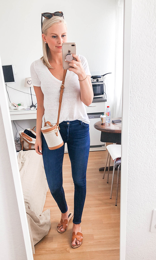 White tee, jeans and neutral accessories