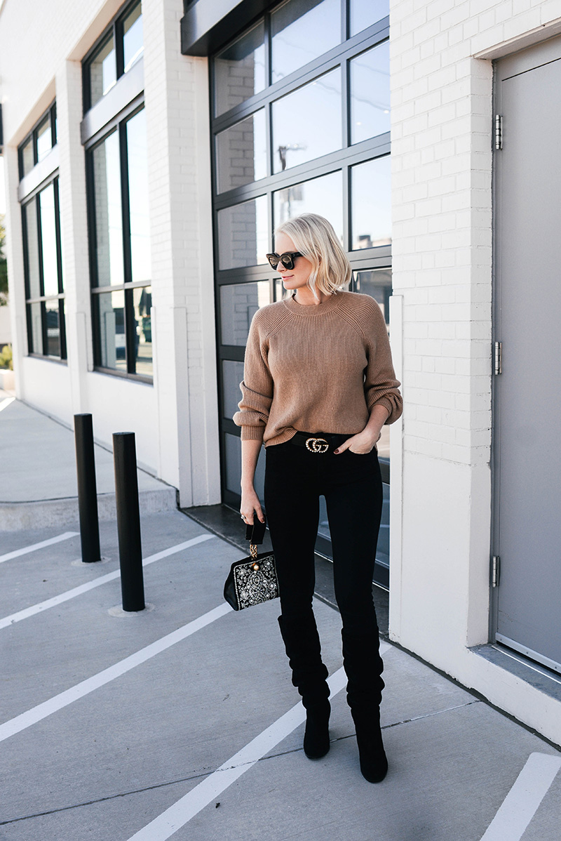 Chic Fall Outfit Idea | Camel Sweater, Black Jeans and Slouchy Boots
