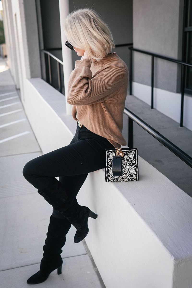 Chic Fall Outfit Idea | Camel Sweater, Black Jeans and Slouchy Boots