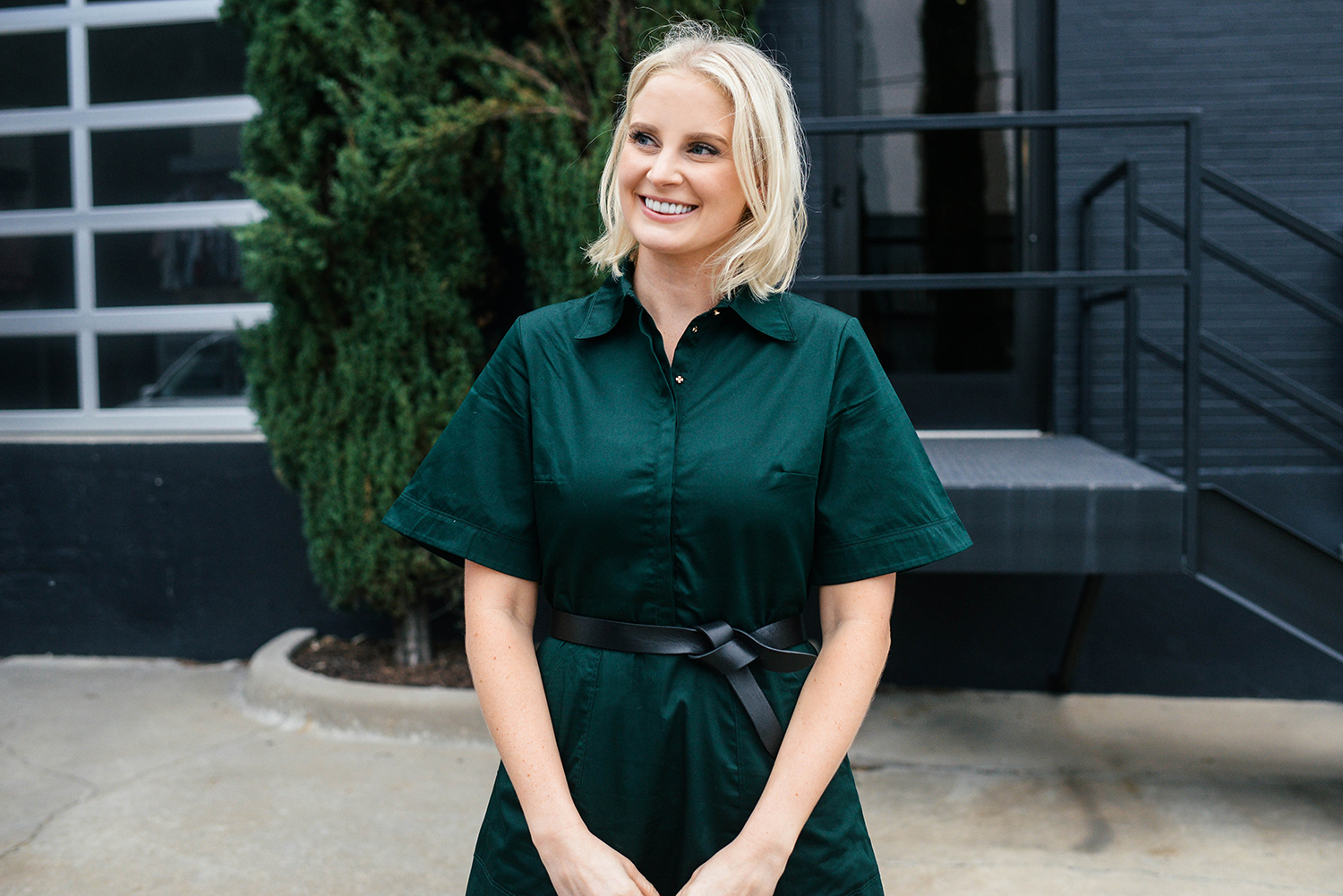 Holiday Church Outfit Ideas | Forest Green Shirtdress