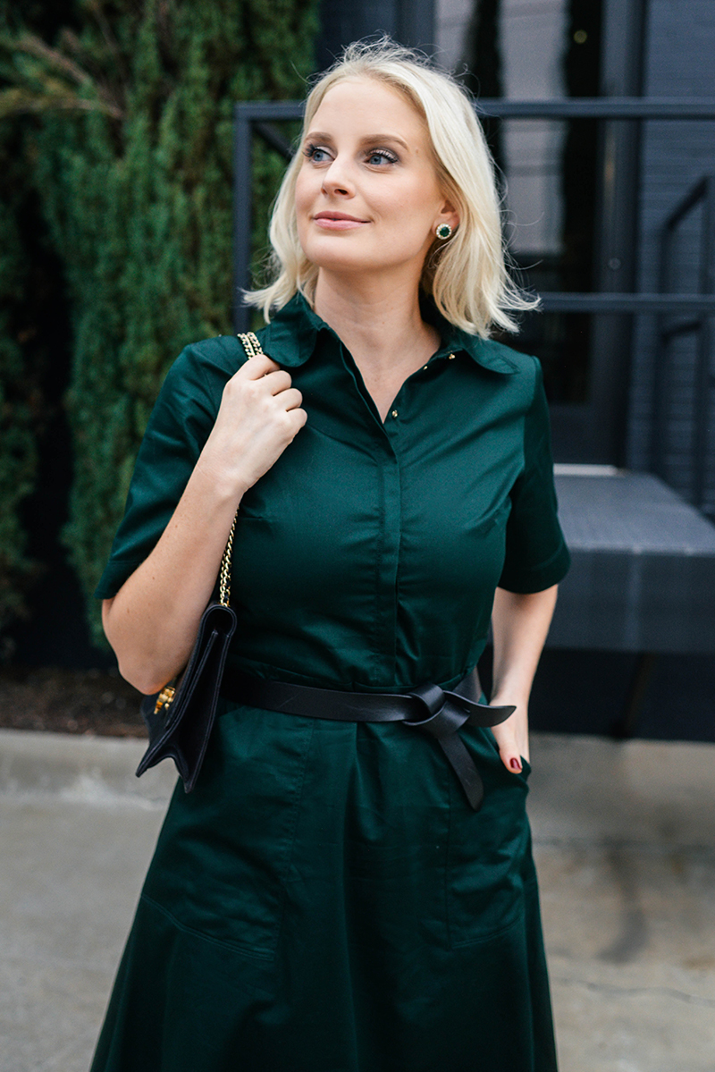 Holiday Church Outfit Ideas | Forest Green Shirtdress