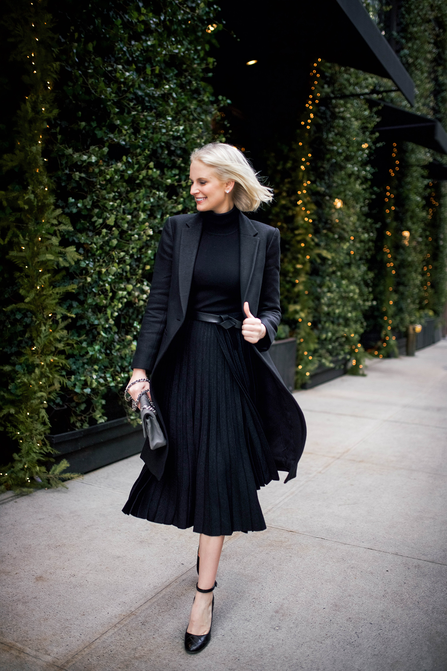 Merritt Beck, Dallas Style Blogger in Black Pleated Midi Skirt