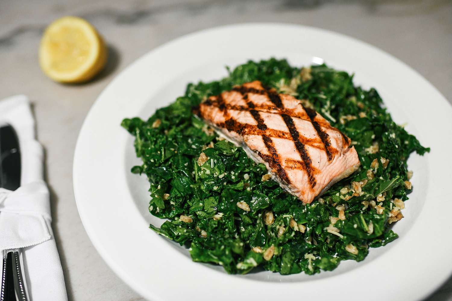Grilled Salmon over Kale Salad with Farro
