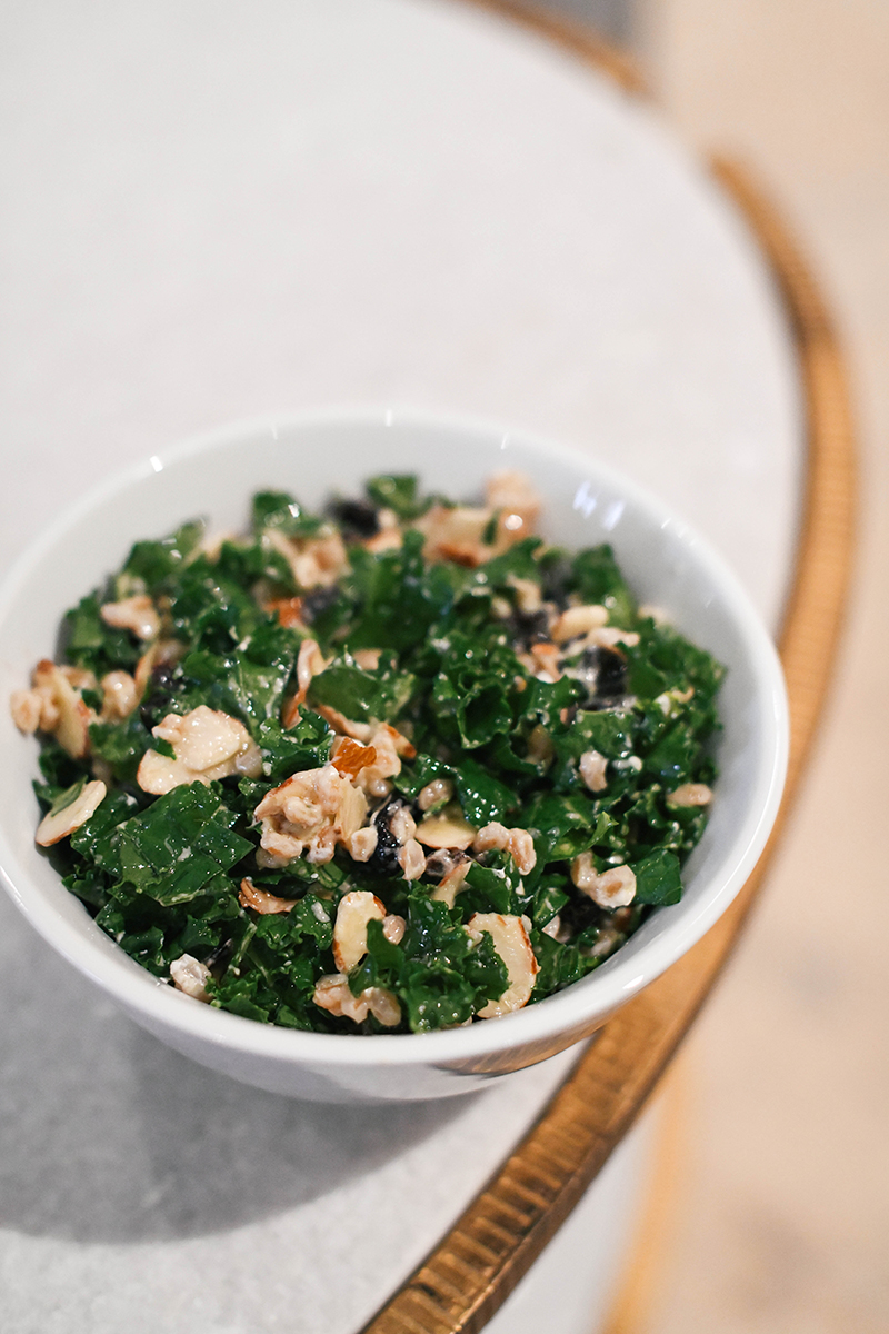 Kale Salad with dried cherries, farro, almonds and more!