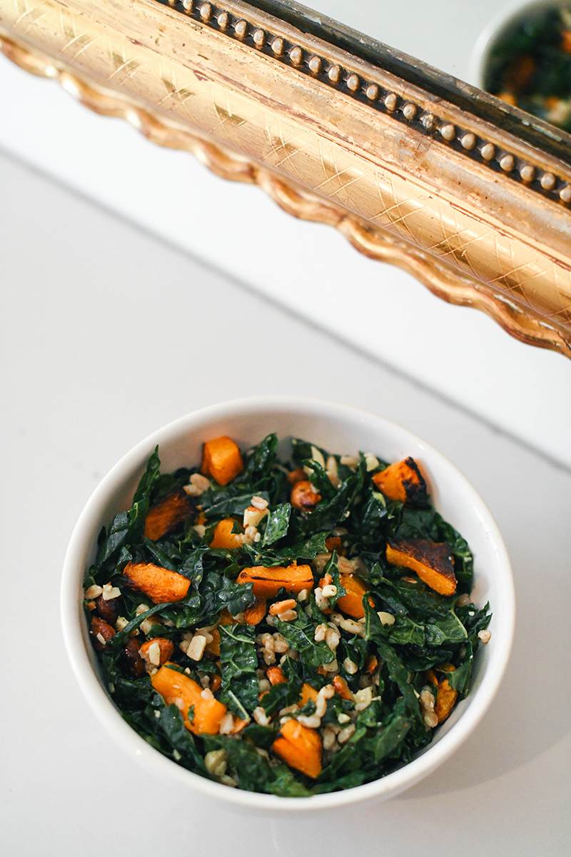 Northern Spy Kale Salad - featuring roasted butternut squash, aged cheddar, roasted almonds and more!