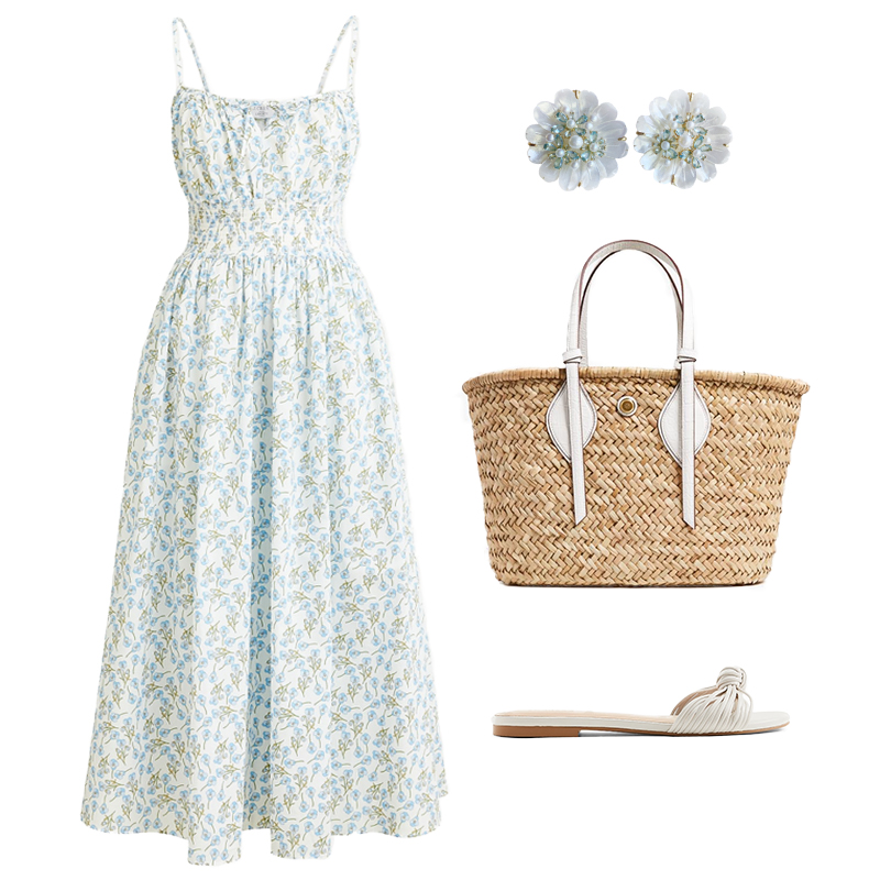 FLORAL PRINT MIDI DRESS WITH STRAW TOTE