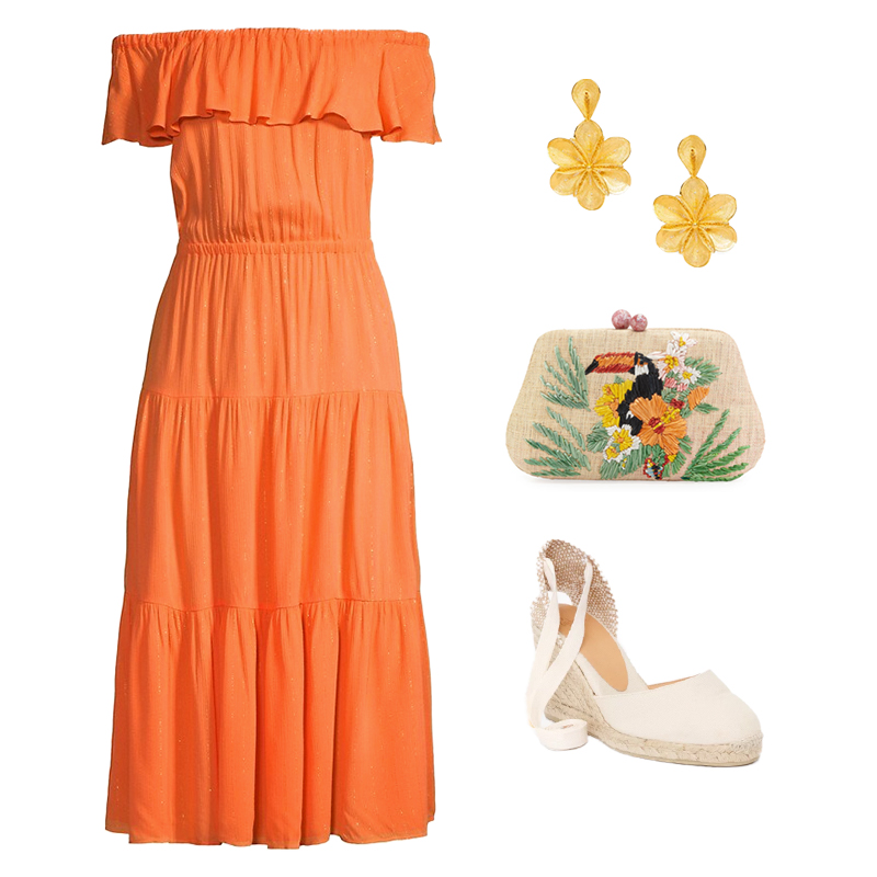 ORANGE MIDI DRESS WITH TROPICAL EMBROIDERED CLUTCH