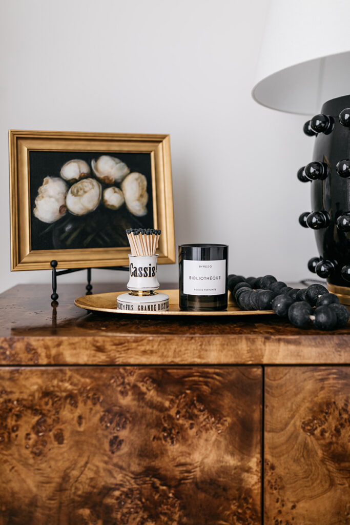 BURL WOOD NIGHTSTANDS // STYLING AN ELEGANT AND DRAMATIC NIGHTSTAND VIGNETTE