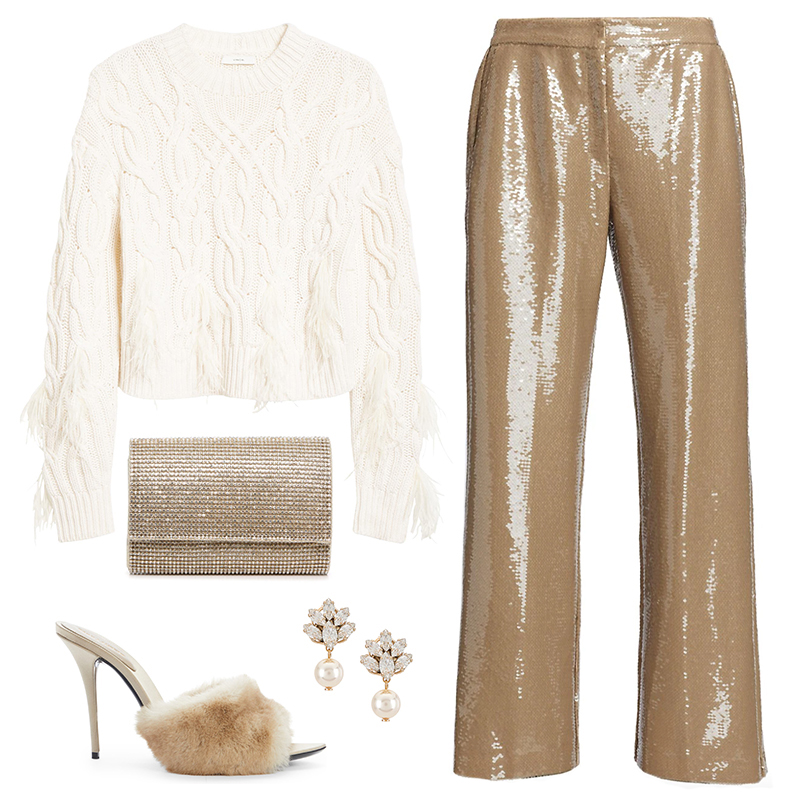 ELIE TAHARI SEQUIN PANTS + VINCE FEATHER TRIM SWEATER // HOLIDAY OUTFITS